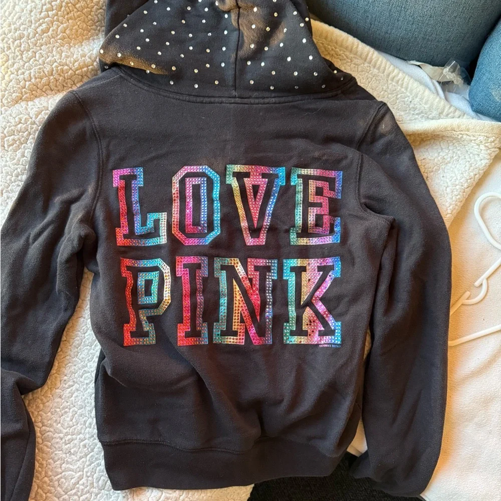 Victoria's Secret woman's Hoodie - Black with Multicolor LOVE PINK - Picture 1 of 4